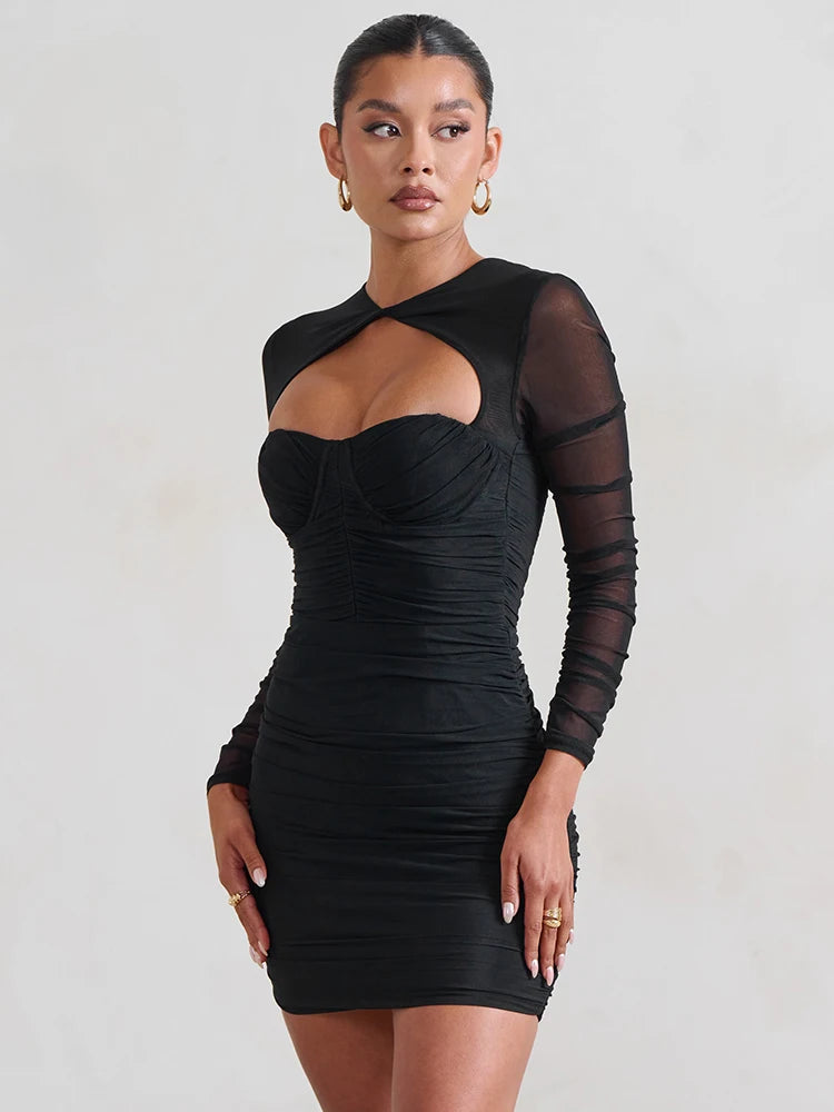 Mesh Sheer Solid Hollow-Out Ruched Two Layer Long Sleeve Bodycon Mini Party Dress