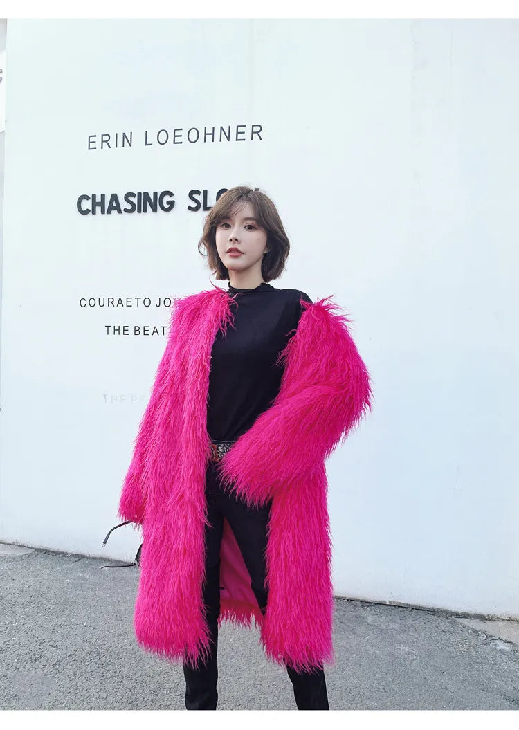 Colorful Furry Lamb Wool Faux Fur Shaggy Sheepskin Women's Coat