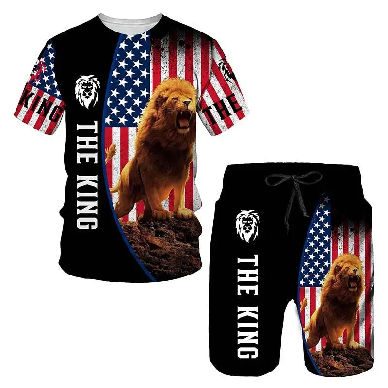 "The King" Lion 3D Graphic Men's Short Sleeve T-Shirt + Shorts 2-Piece Sets