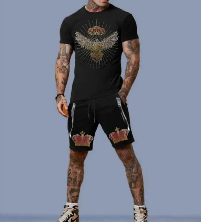 Men's Glitter Metallic Glitter Rhinestone Tiger/King/Lion/Skull/Eagle Graphic Print + Zipper Design Shorts 2-Piece Set