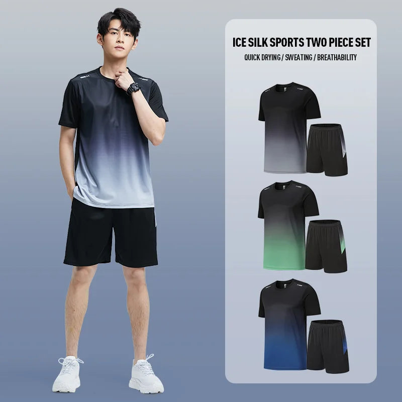 Men's Gradient Ice Silk Quick-Dry Short-Sleeve T-Shirt + Short 2-Piece Set