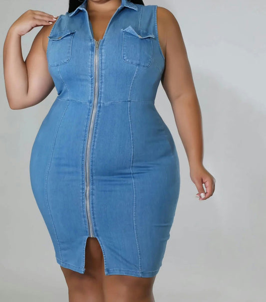 Denim Blue Solid Sleeveless Zipper Front Turn-Down Collar Bodycon Plus Size Jean Dress to 5X