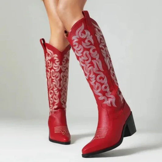 Vintage Embroidered Chunky Heel Western Women's Knee High Cowgirl Rodeo Boots