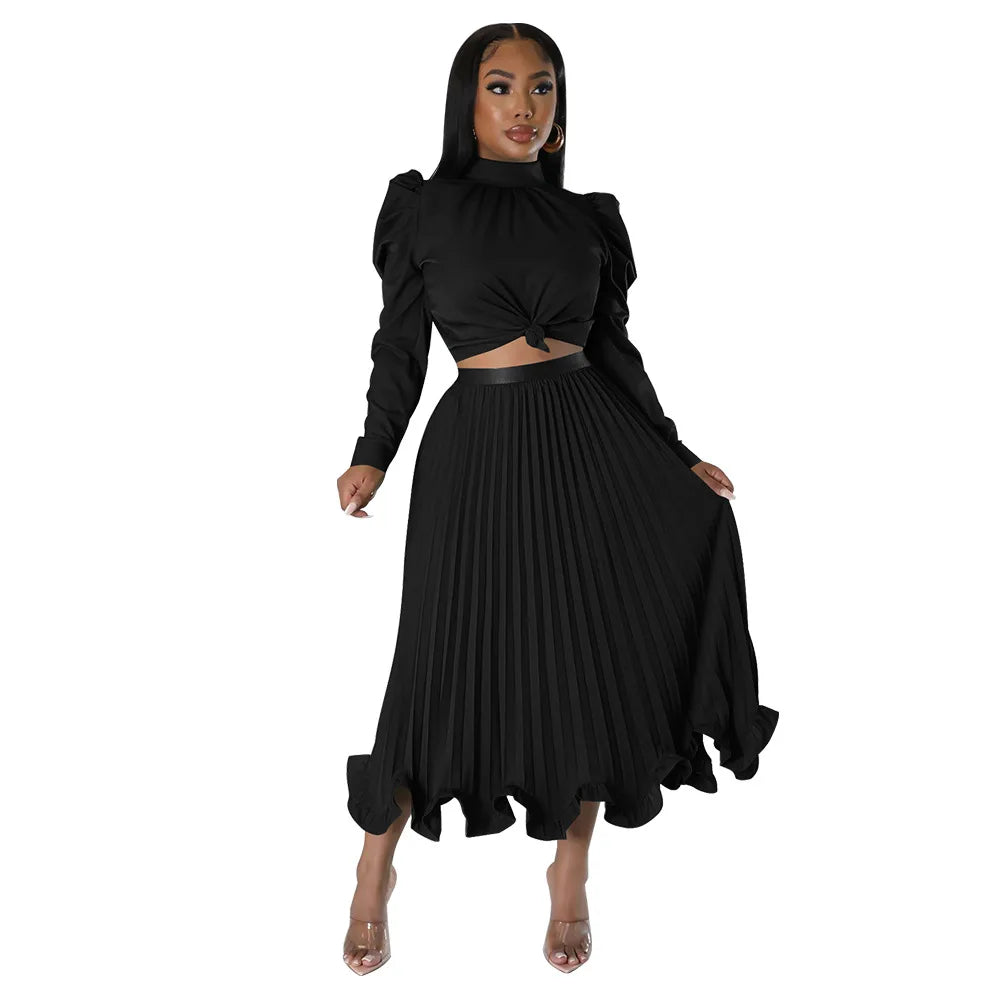 Women’s Solid Color O-Neck Lantern Sleeve Blouse + A-Line Flounce Formal Pleated Maxi Skirt w/ Sash Belt 2-Piece Set