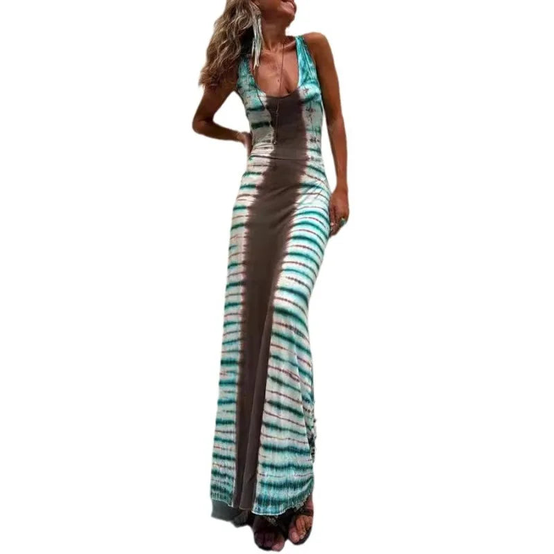 Striped Colorblock Print Backless Criss-Cross Strap Sleeveless Maxi Dress