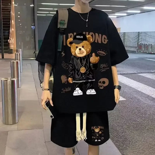 Men's Teddy Bear 3D Embroidered Design Streetwear Hip-Hop Short Sleeve T-Shirt + Drawstring Shorts 2 Piece Set