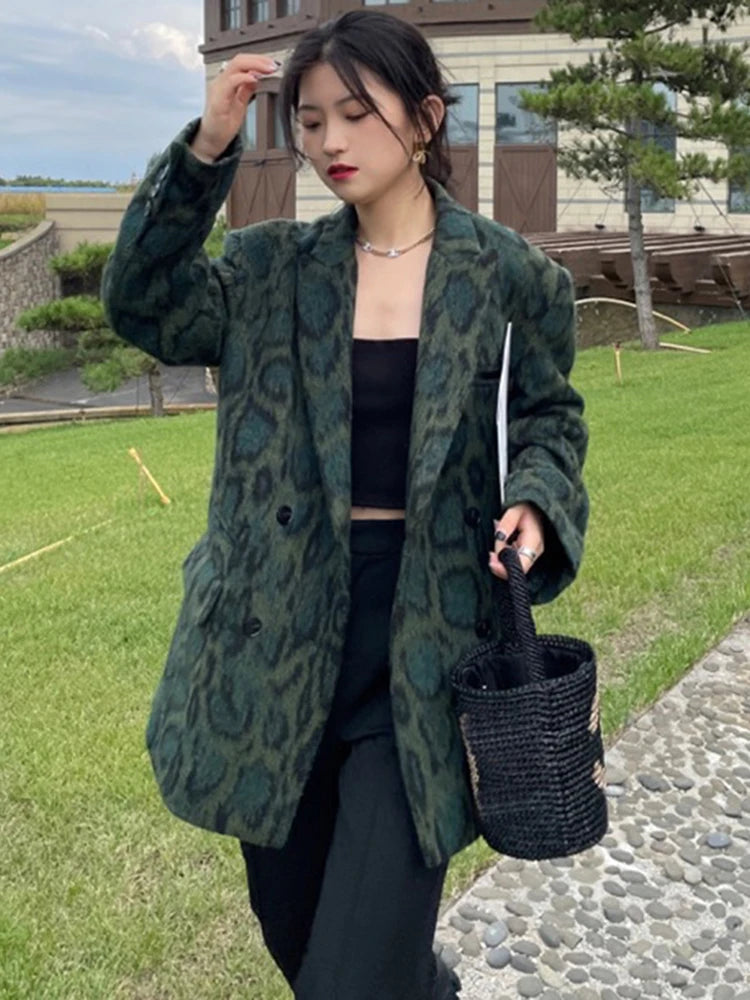 Green Leopard Print Notched Long Sleeve Temperament Colorblock Loose Women's Blazer