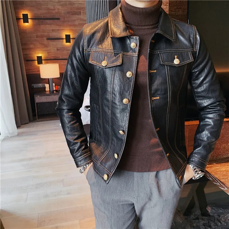 Men's Casual PU Leather Biker Motorcycle Zipper Jacket