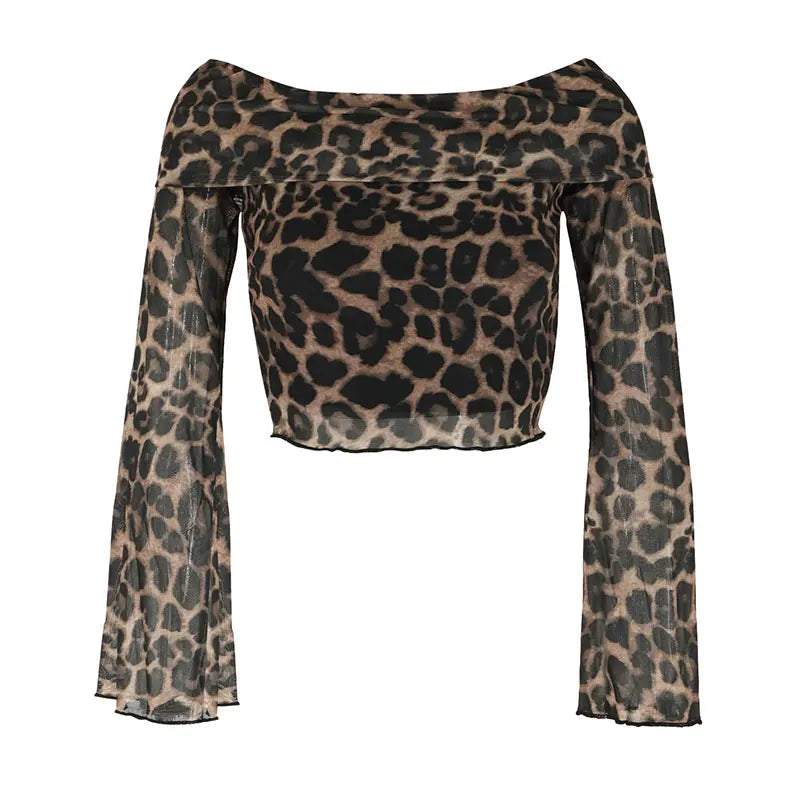 Leopard Print Off-the-Shoulder Streetwear Long Sleeve O-Neck Women's Shirt