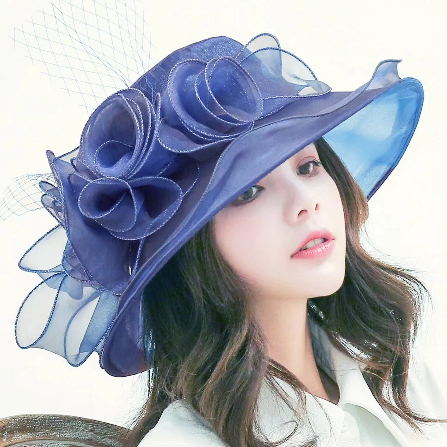 Oversized Organza Floral Bow Detail Wide Brim Kentucky Derby/Church/Wedding Fedora Hat