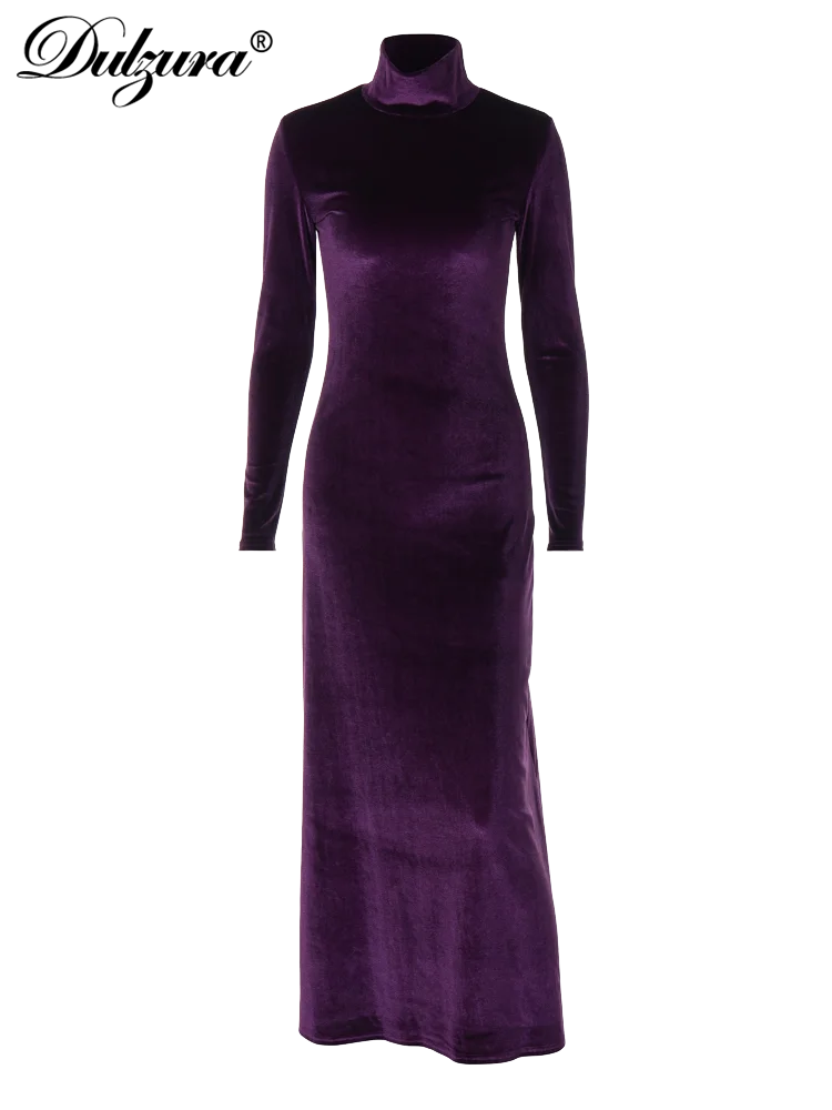 Velvet Turtleneck Long Sleeve Solid Maxi Dress