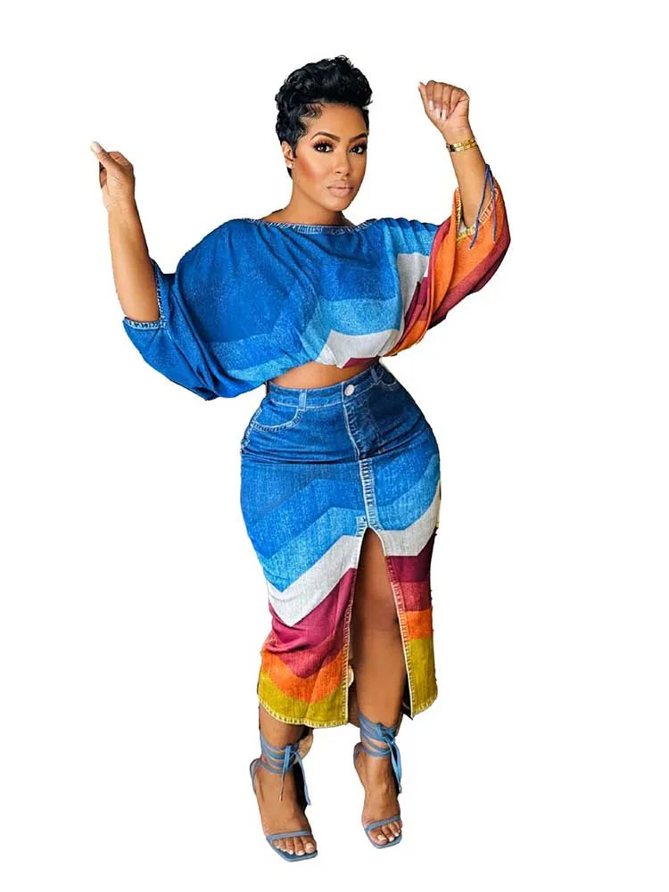 Mock Denim Striped Colorblock Slash Neck Women's Long Sleeve Crop Top + Open High Slit Skirt 2-Piece Set