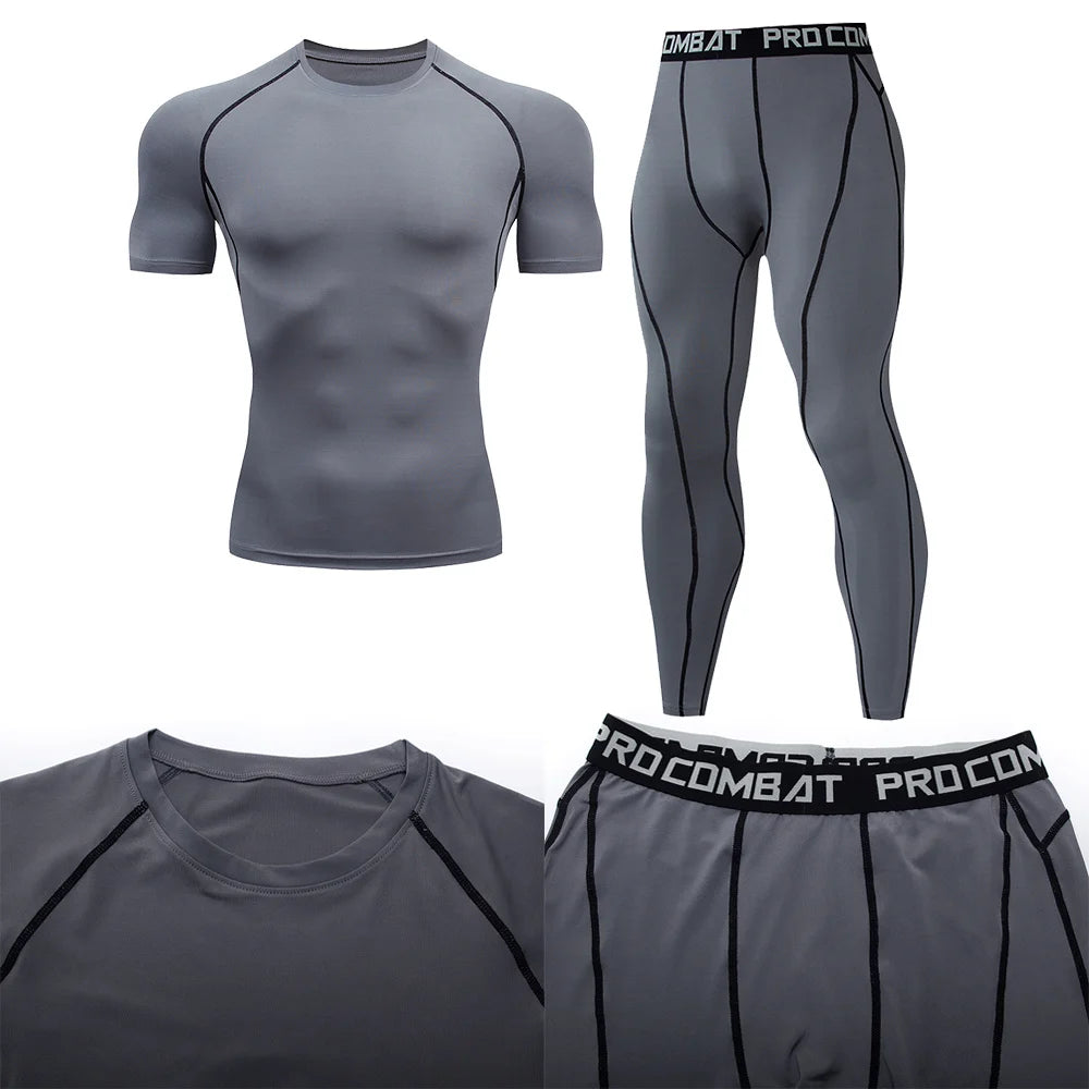 Men's Compression Gym Biking Shirt + Workout Leggings Fitness Athleseuire Set