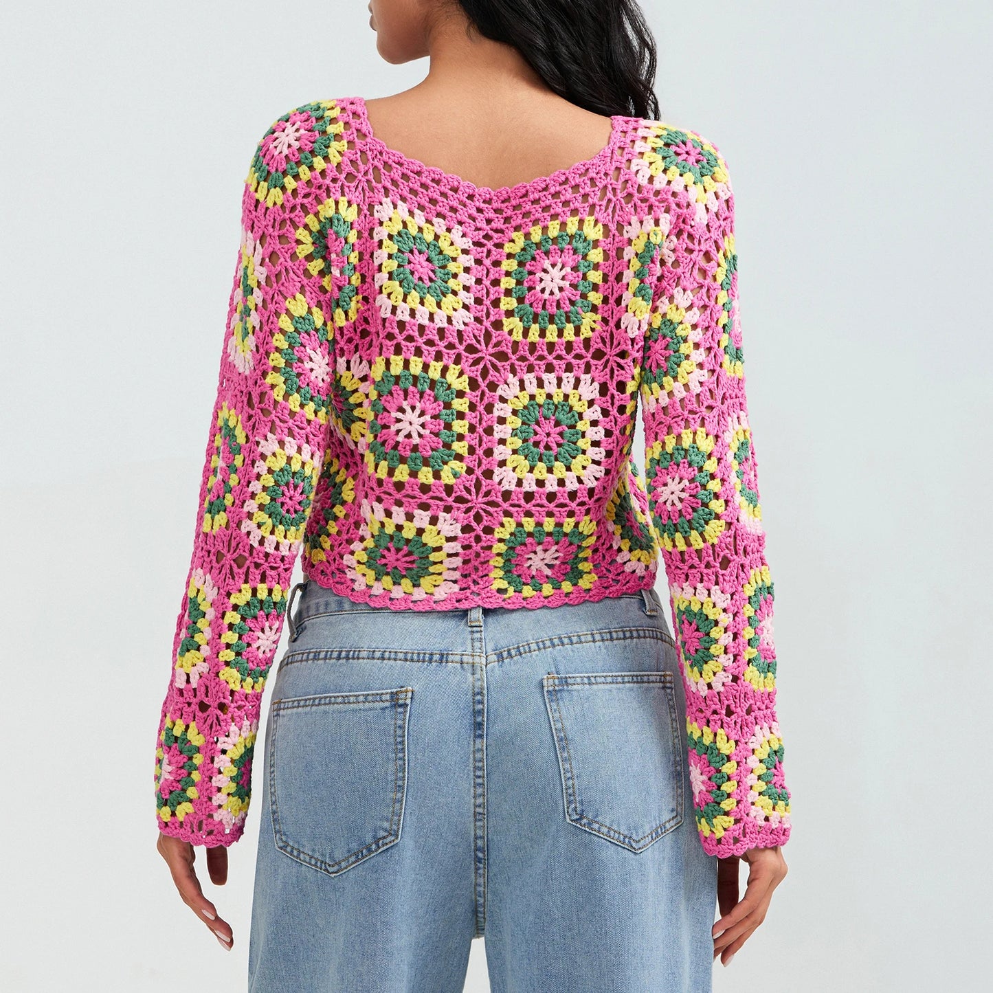 Crochet Square Floral Print Knitted Women’s Long Sleeve O-Neck Cropped Sweater