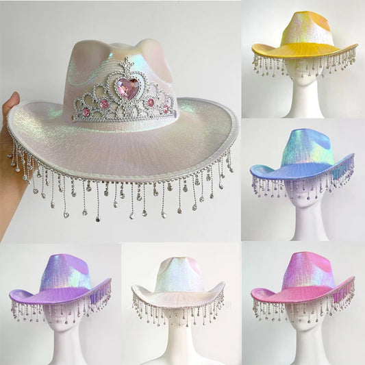 Western Wool Fluorescent Rhinestone Fringe Tassel Detail Cowgirl Fedora Hats