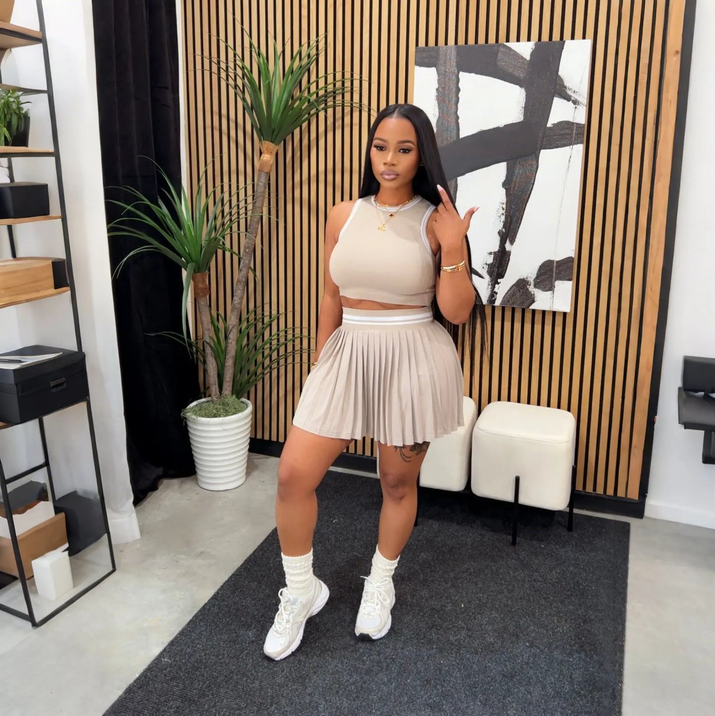 Sleeveless Solid Color O-Neck Crop Tank Top + Pleated Mini Tennis Skirt Women's Fitness 2-Piece Set