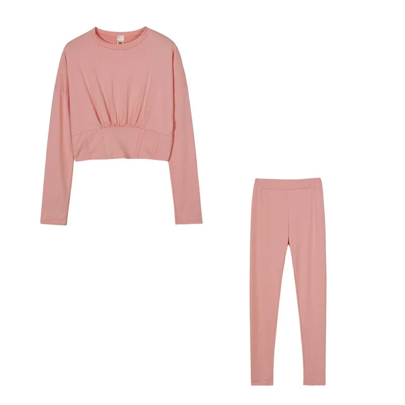 Ruched Fitted O-Neck Solid Color Women's Long Sleeve Crop Top + Leggings Tracksuit