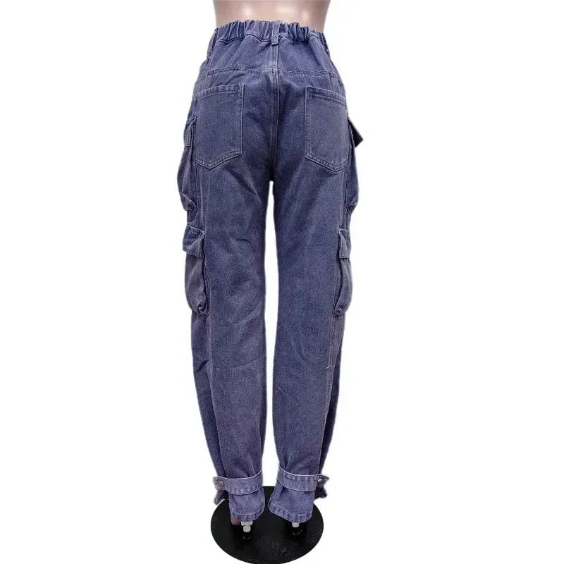 Demin Women's Button Detail 3D Pocketed Denim Elastic High Waist Loose Streetwear Cargo Jeans