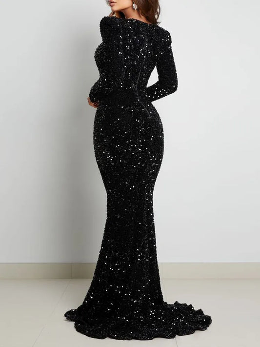 Glitter Sequin Sparkling Long Sleeve Padded Floor Length V-Neck Formal Evening Gown Party/Prom Dress