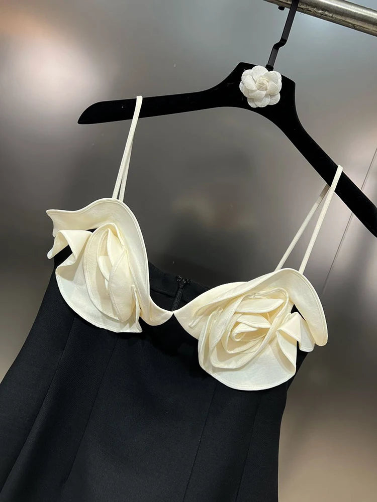 Contrast Color White Flower Detail Sling Backless Sleeveless Mini Formal Party Dress