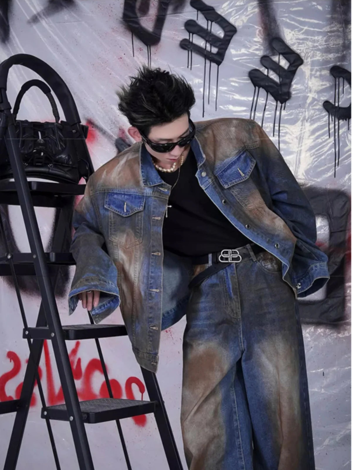 Men's Denim Faded Colorblock Distressed Denim Jean Jacket + Matching Jeans 2-Piece Set