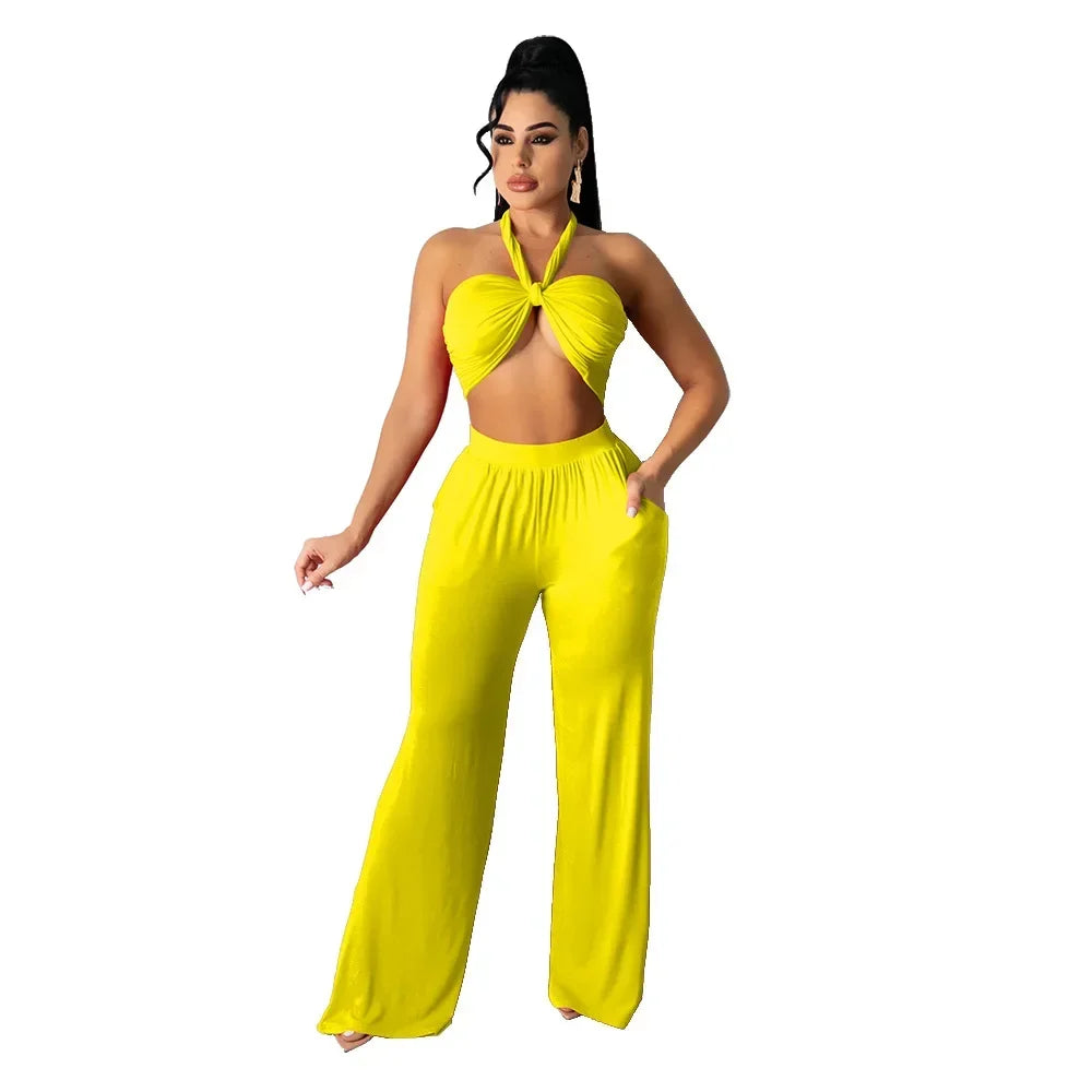 Strapless Hollow-Out  Hatler Neck Crop Top + Leggings Bodycon Solid Color Women's 2-Piece Set