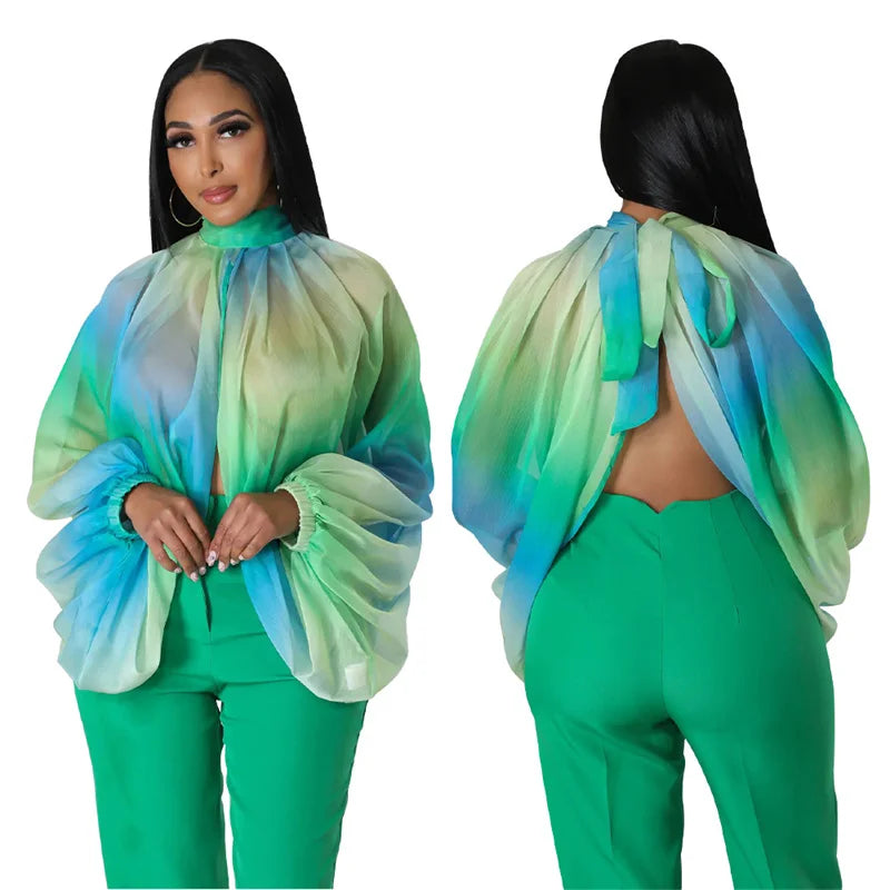 Chiffon Floral/Gradient Colorblock Sheer Front Slit Batwing Sleeve Women's Blouse