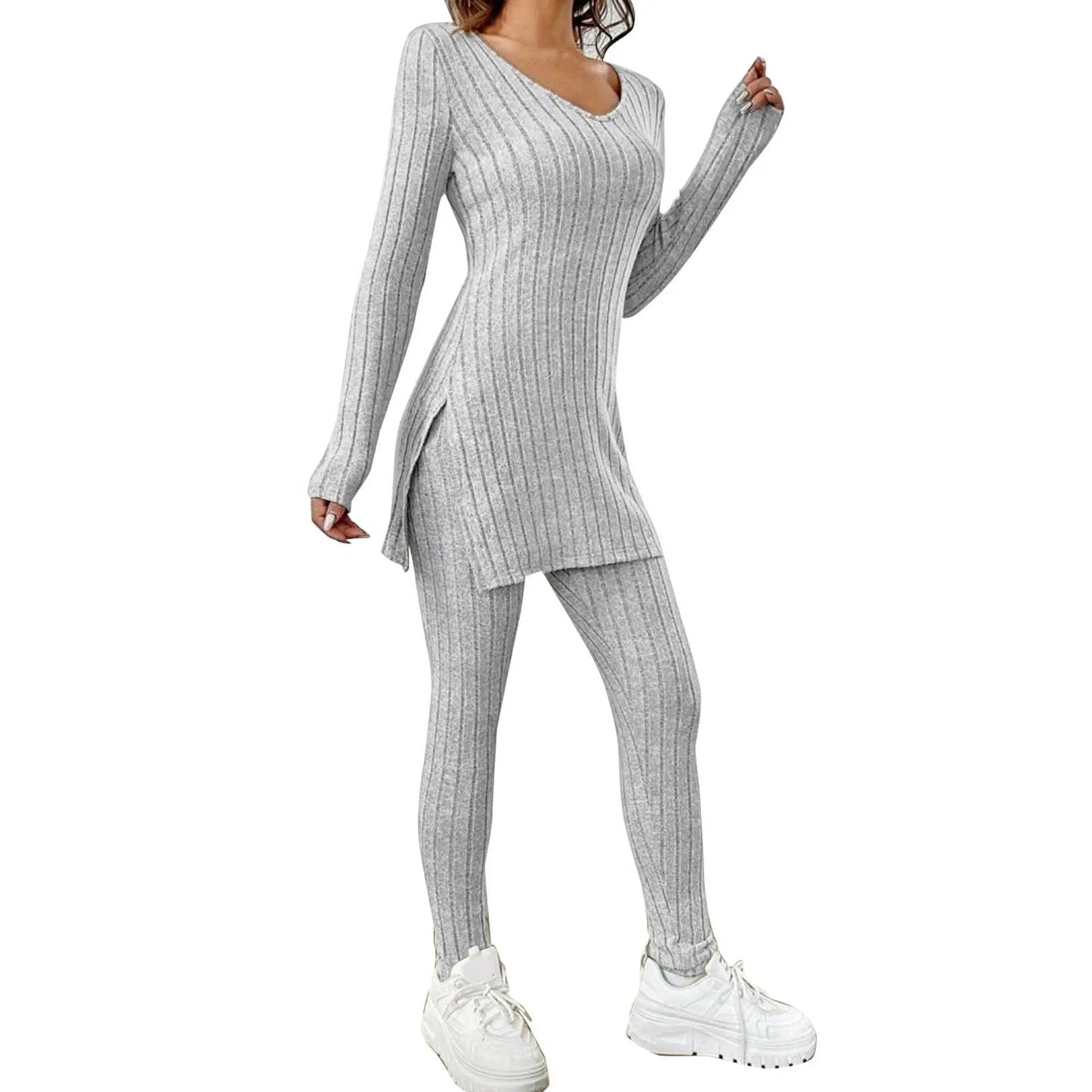 Ribbed Knitted Long Sleeve Women's Tunic Shirt + Leggings 2-Piece Set