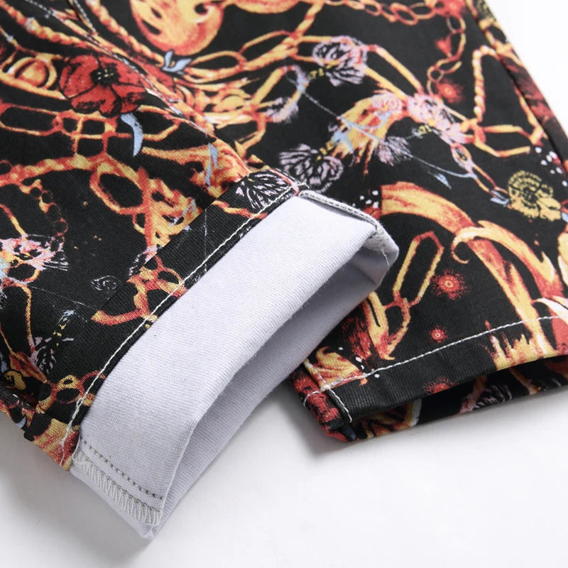 Men's Floral Multi-Colored Baroque Print Ruched Skinny Jeans