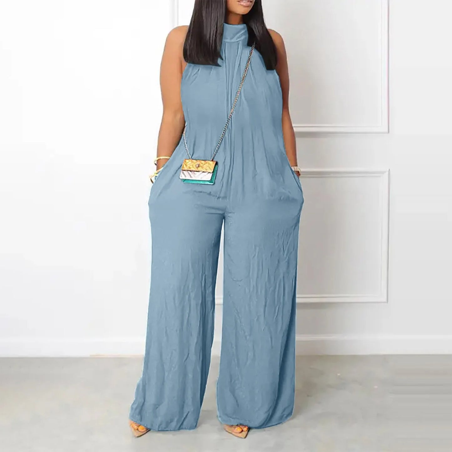 Solid Color Sleeveless Loose Wide Leg Overall Harem Pant Romper w/ Pockets