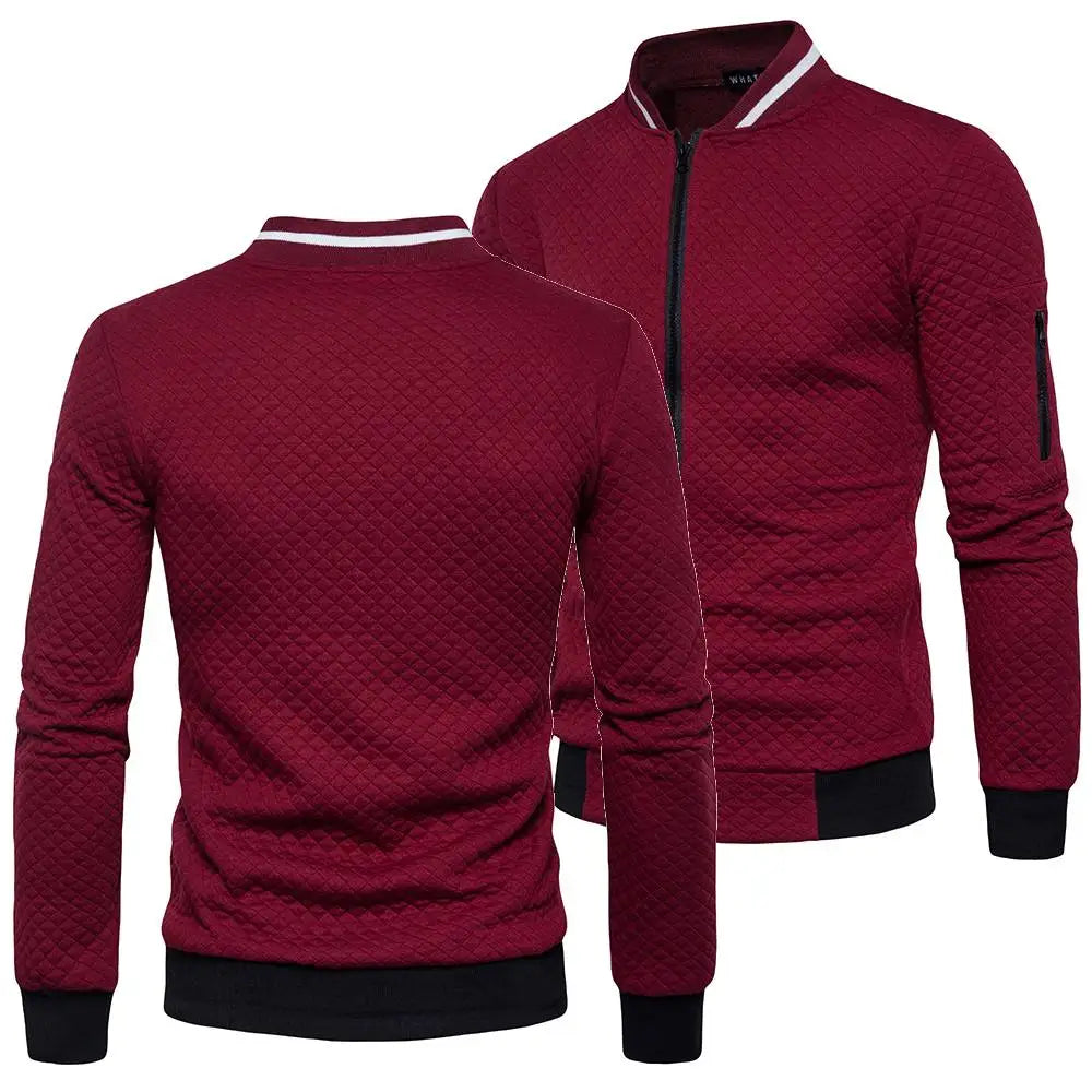 Men's Sportswear Jacquard Plaid Zipper Stand Collar Bomber Sweat Jacket