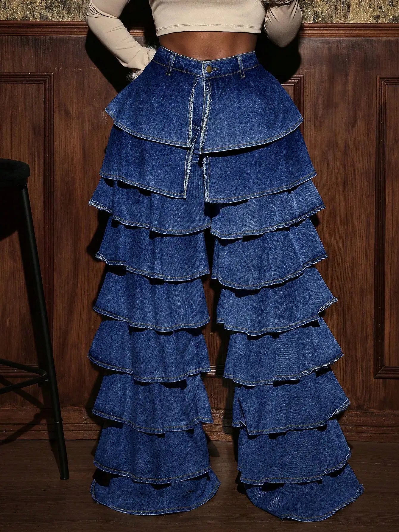 Denim Tiered Ruffled Layered Wide Leg Women's Streetwear Jeans