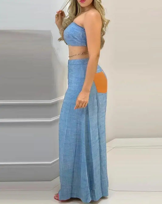 Faux Denim/Orange  Colorblock Bandeau Sleeveless Shirring Crop Top + Wide Leg Pants 2-Piece Set