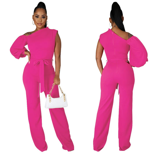 Asymmetrical One Sleeve Bootcut Wide Leg Solid Jumpsuit w/ Sash Belt