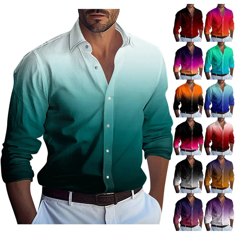 Men's Gradient Colorblock Turn-Down Collar Long Sleeve Button-Up Dress Shirts