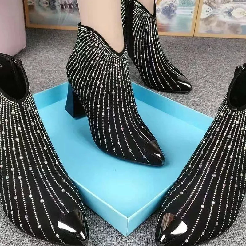 Rhinestone Black Side Zipper Pointed Toe Ankle Boots