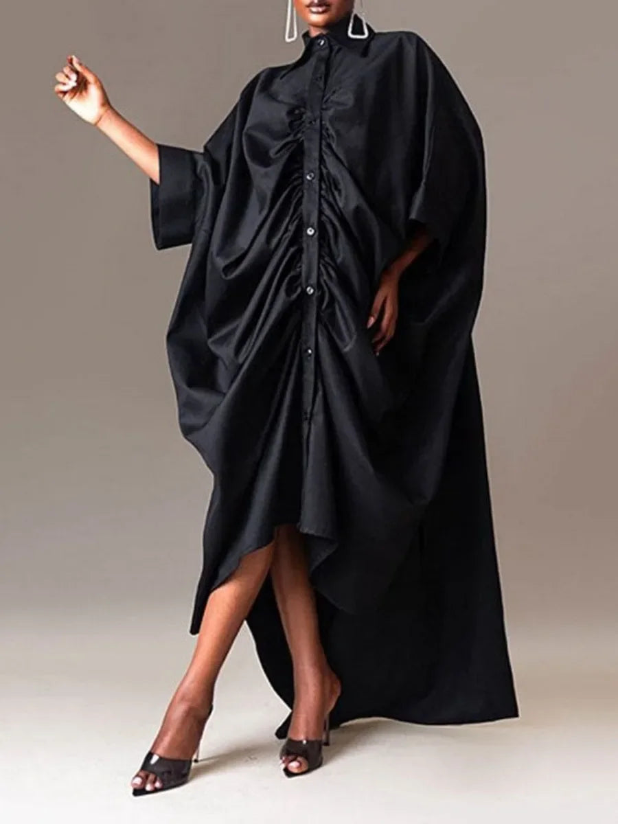 Oversized Ruched Gathered Long Sleeve Turn-Down Collar Button-Up High Street Maxi Shirt Dress
