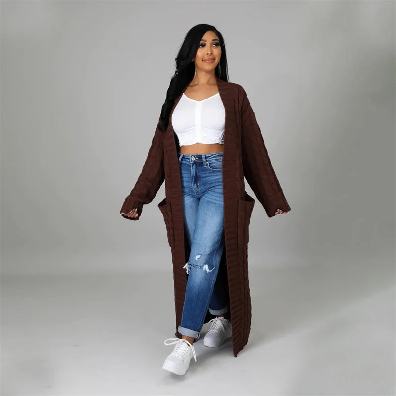 Knitted Weave Pattern Ribbed Maxi Cardigan Sweater