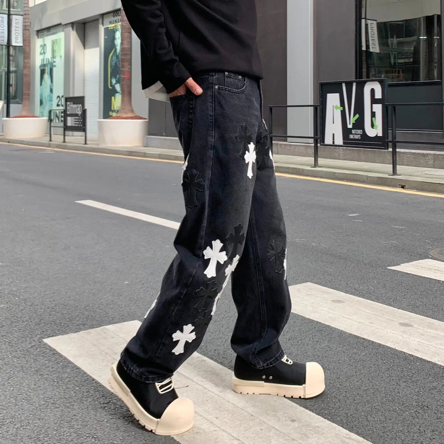 Men's Denim Black Cross Print Streetwear Mid-Rise Straight Leg Wide Leg Jeans