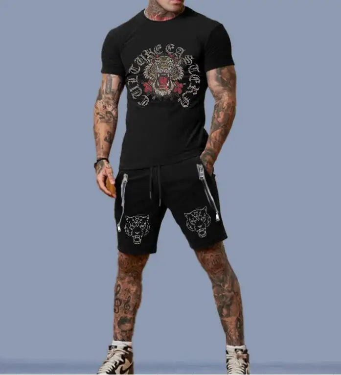Men's Glitter Metallic Glitter Rhinestone Tiger/King/Lion/Skull/Eagle Graphic Print + Zipper Design Shorts 2-Piece Set