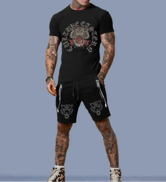 Men's Glitter Metallic Glitter Rhinestone Tiger/King/Lion/Skull/Eagle Graphic Print + Zipper Design Shorts 2-Piece Set