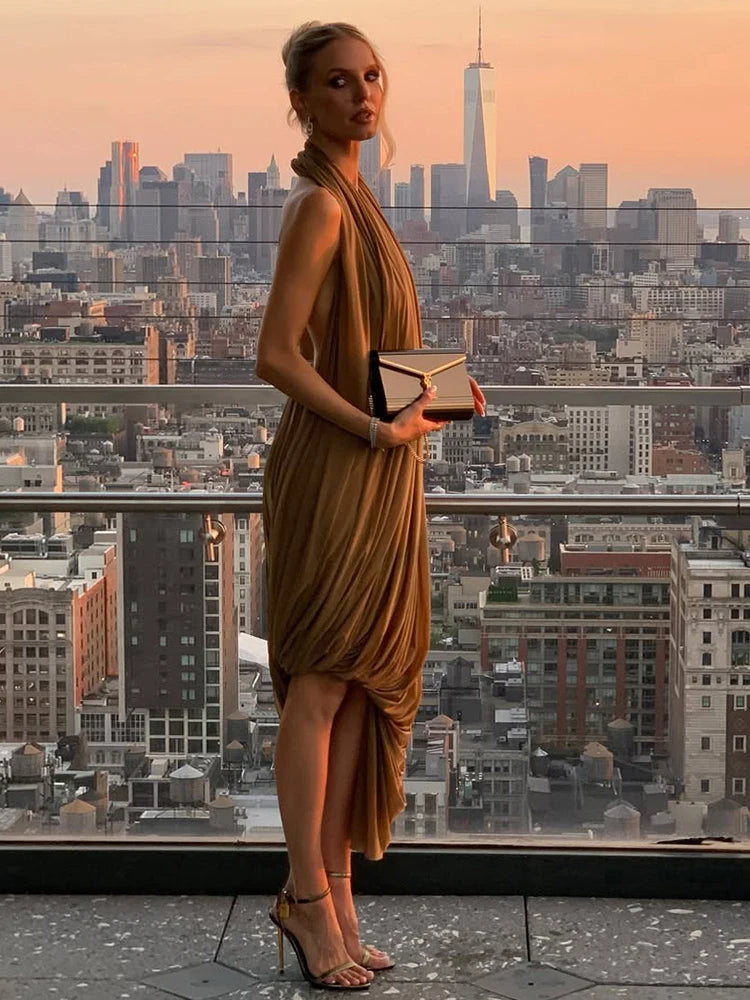 Brown Draped Sleeveless Backless Irregular Hem Solid Color Maxi Dress