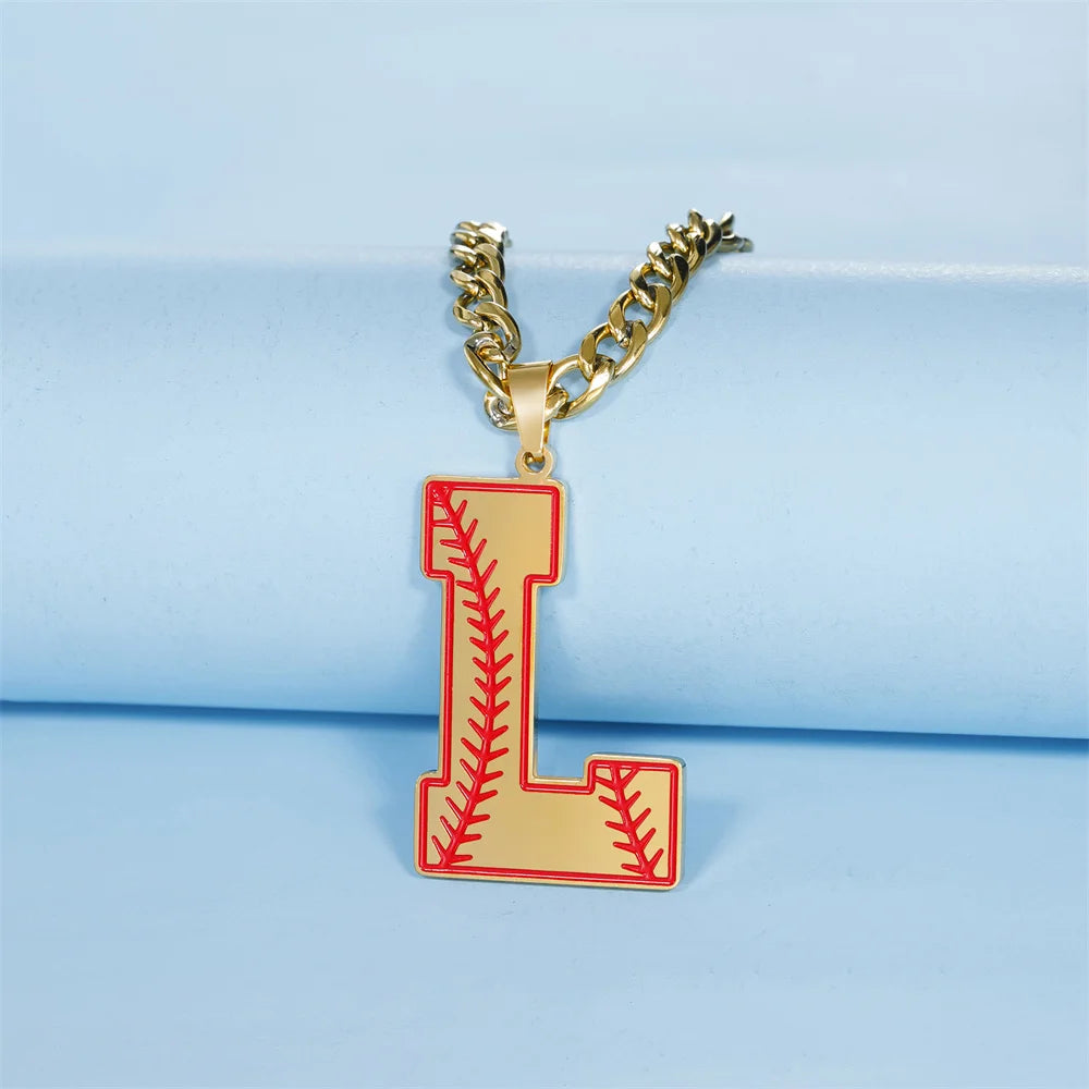 Baseball Pattern Sports Alphabet Initial Pendant Cuban Chain