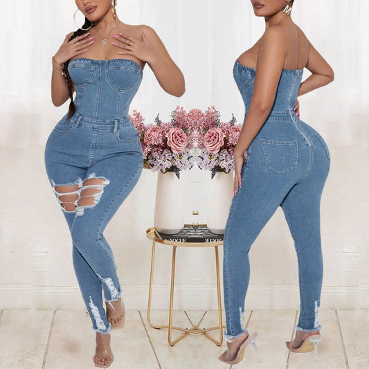 Denim Sleeveless Ripped Women's Hollow-Out Strapless Tube Jean Jumpsuits