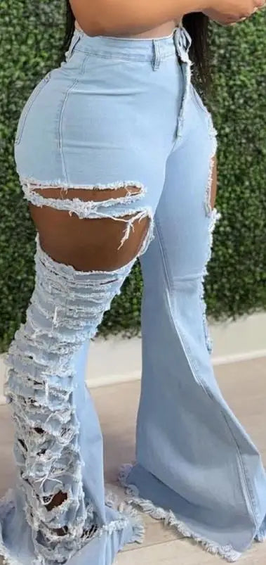 Baby Blue Ripped Denim Hollow-Out High Slit Design Bootcut Flared Women's Jeans