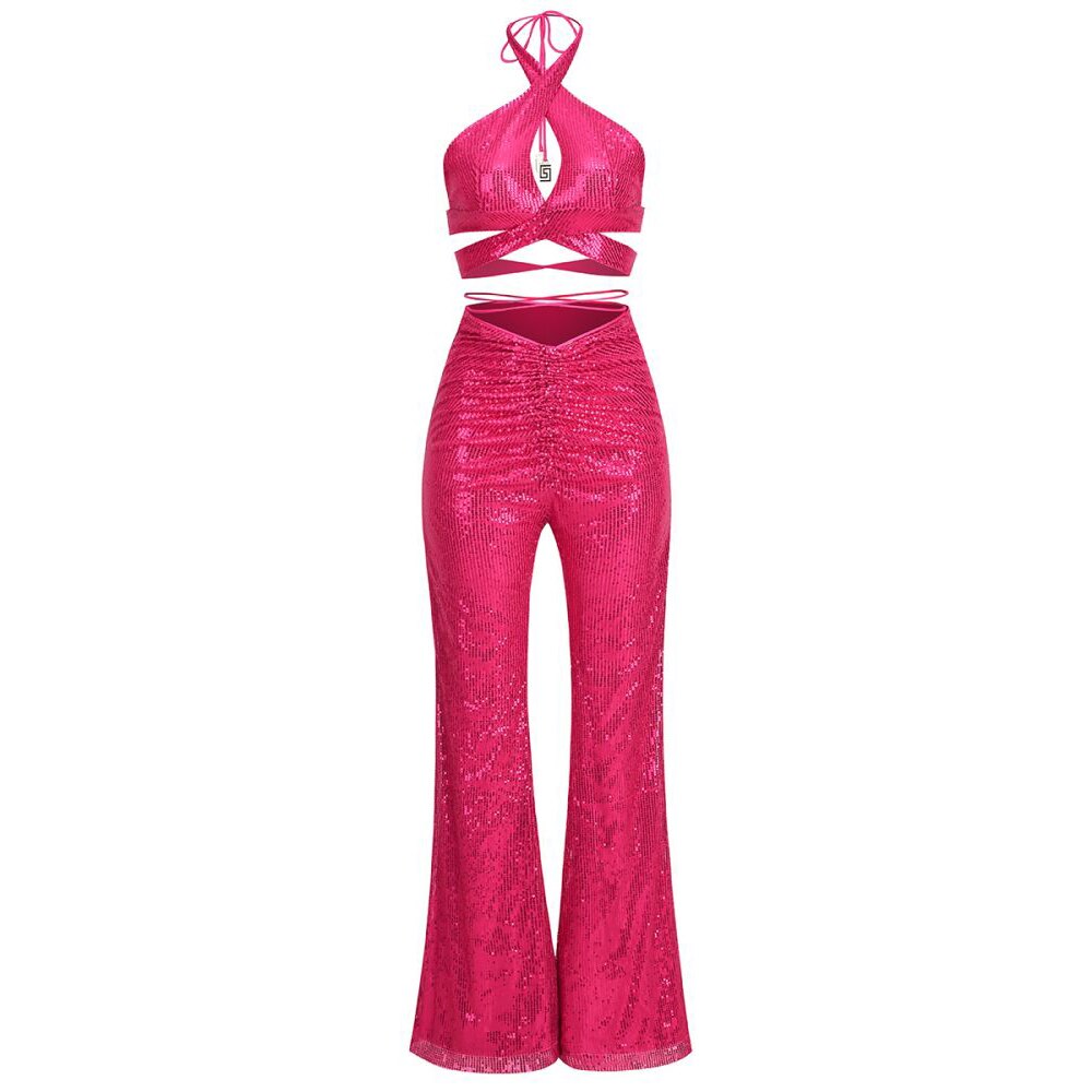 Hot Pink Crisscross Crop Sequin Halter Top + Flared Leggings 2-Piece Set