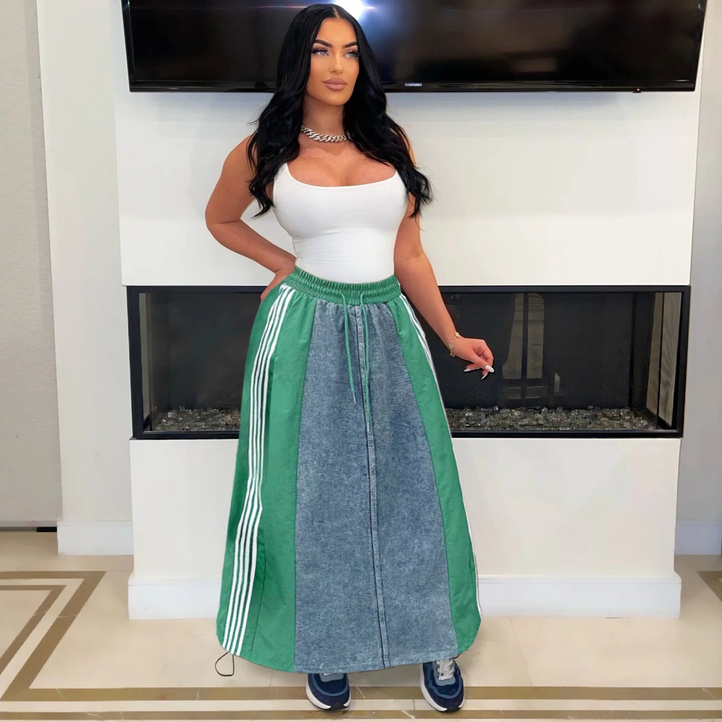 Denim Colorblock Patchwork Side Striped High Waist Streetwear Maxi Jean Skirt