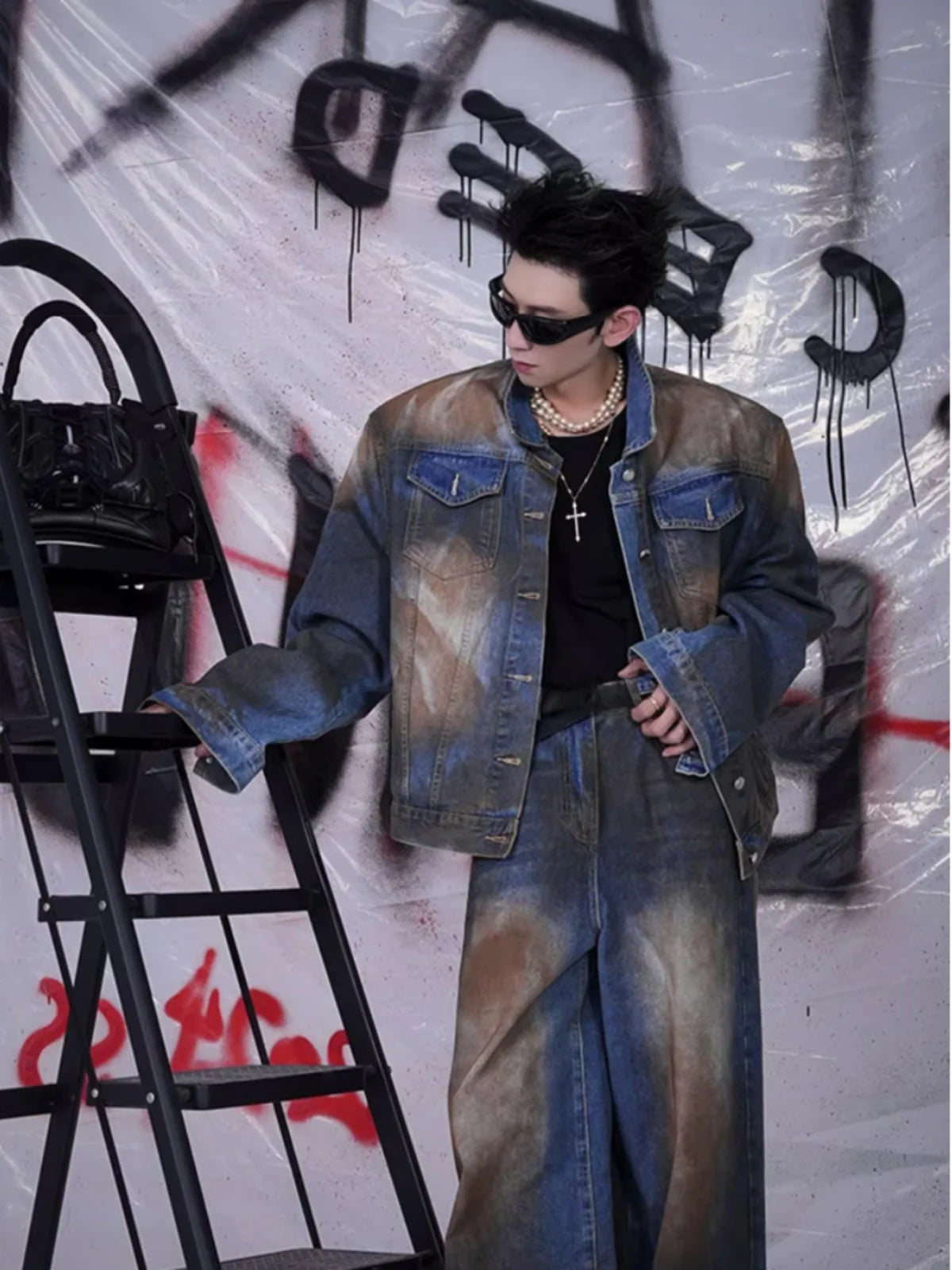 Men's Denim Faded Colorblock Distressed Denim Jean Jacket + Matching Jeans 2-Piece Set