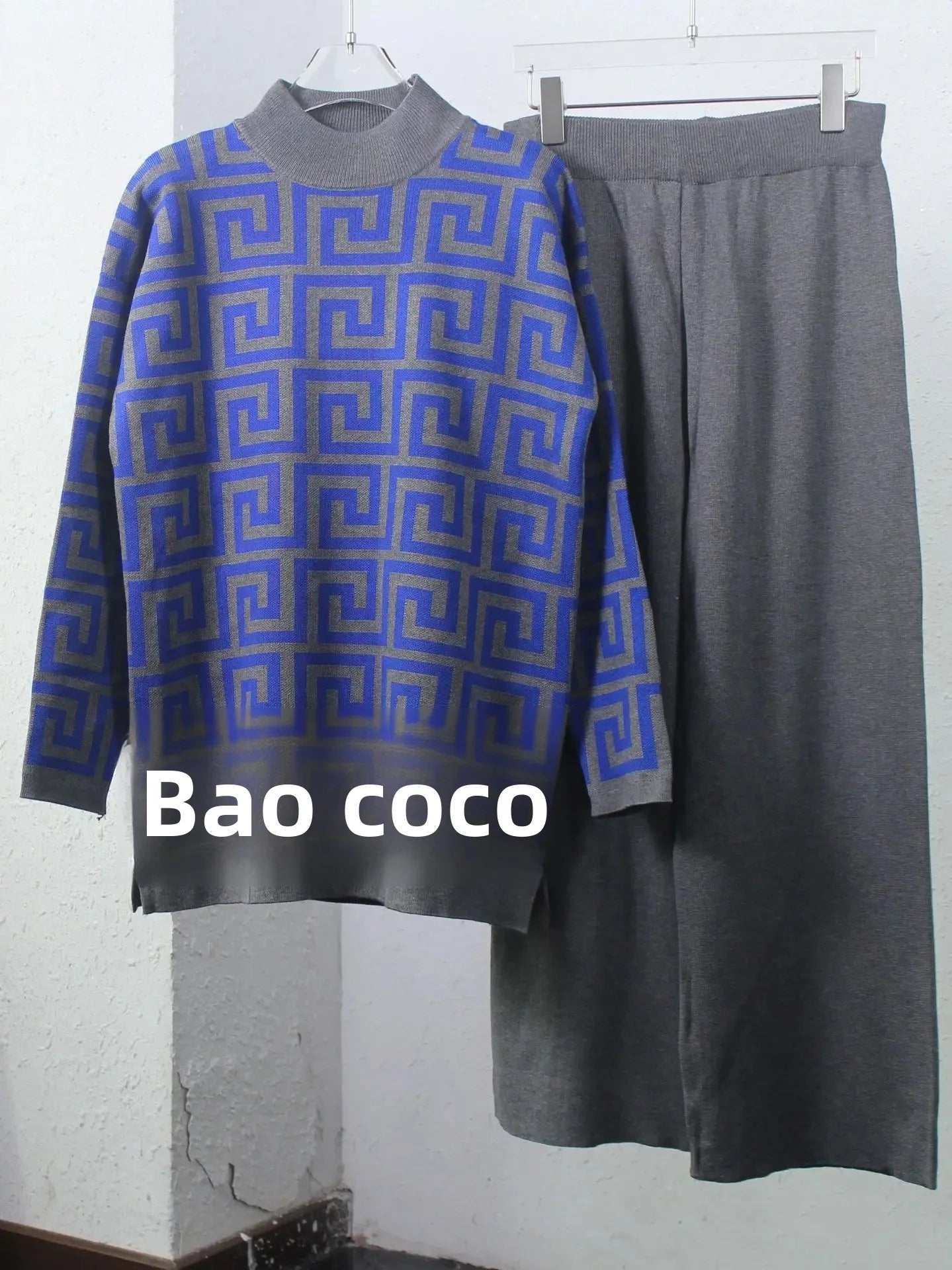 Geometric Colorblock High Collar Sweater + Wide Leg Pants Women's 2-Piece Set