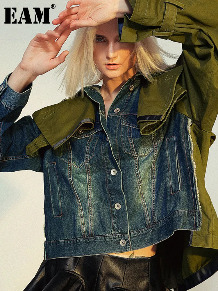 Spliced Short Lapel Long Sleeve Denim Jean Jacket